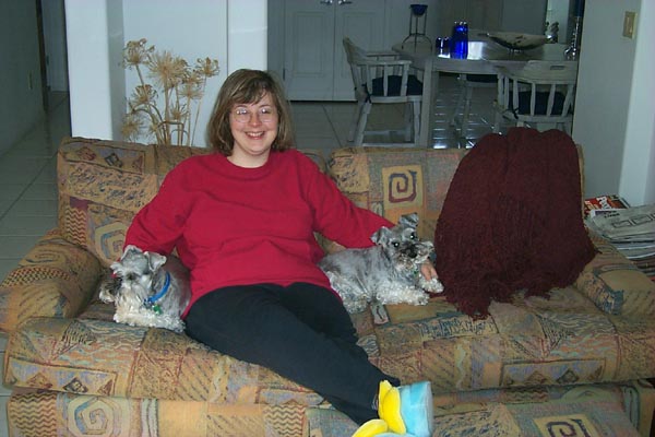 Laura on the couch with Pfeffer and Shana