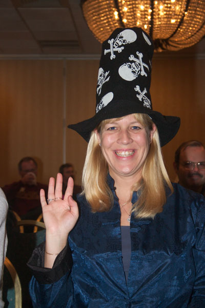 Janis Laws with a pirate-themed 'Cat in the Hat' hat