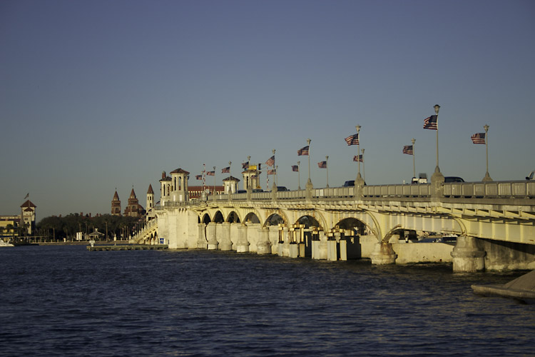 The Bridge of Lions, early in the morning, seen from Anastasia Island looking toward downtown